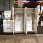 Pre-assembled three-piece set including a classic four-door double-sided mirrored wardrobe, five-drawer chest, and bedside table set (Oak and White).